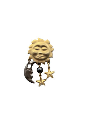 Brooch Pin Sun Moon Stars Whimsical 90’s Vintage Gold Tone